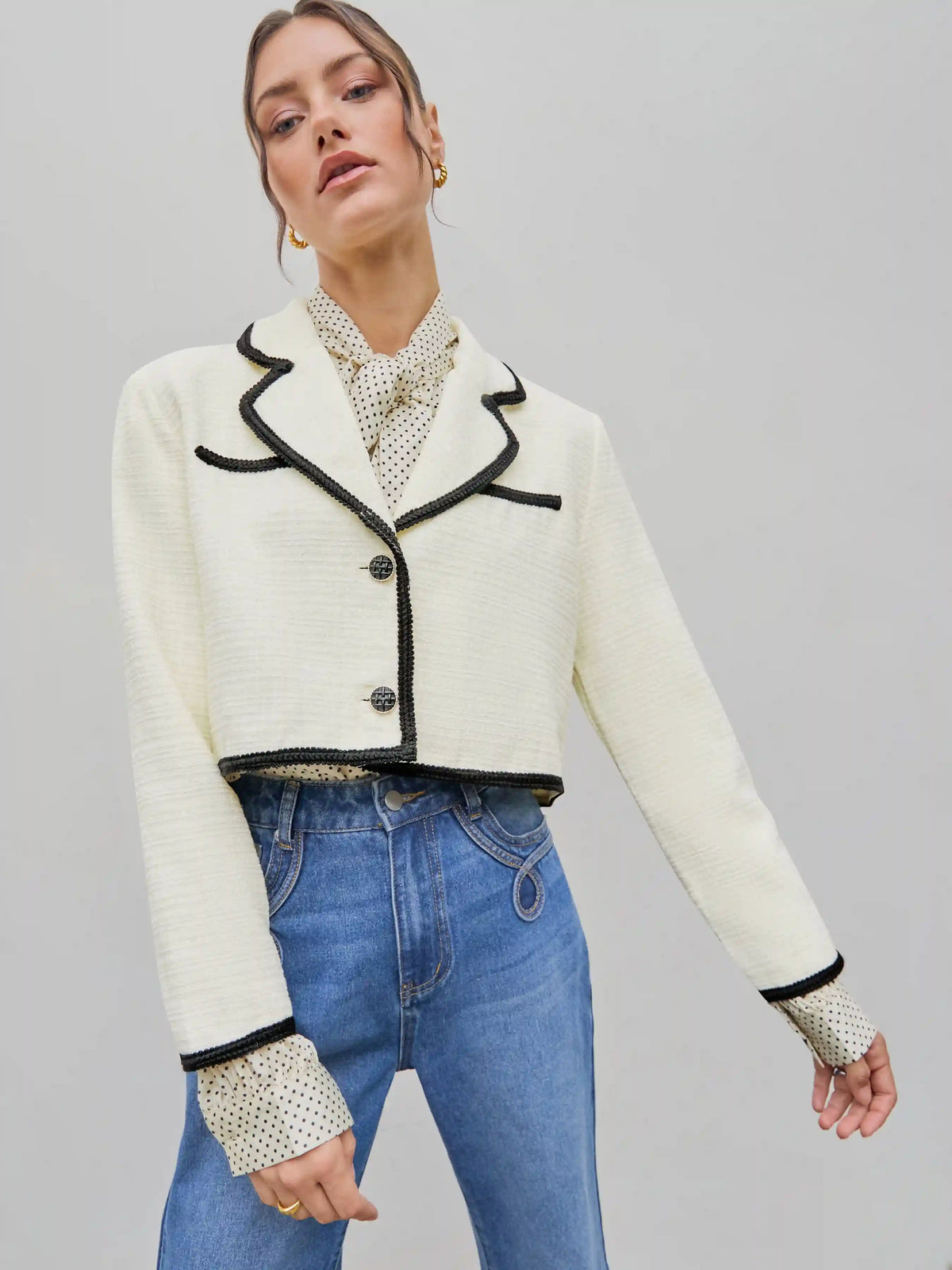 Tweed Collar Button Crop Blazer