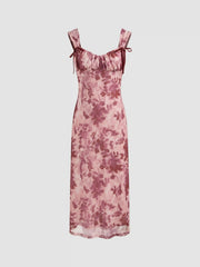 Mesh Square Neck Floral Bowknot Midi Dress