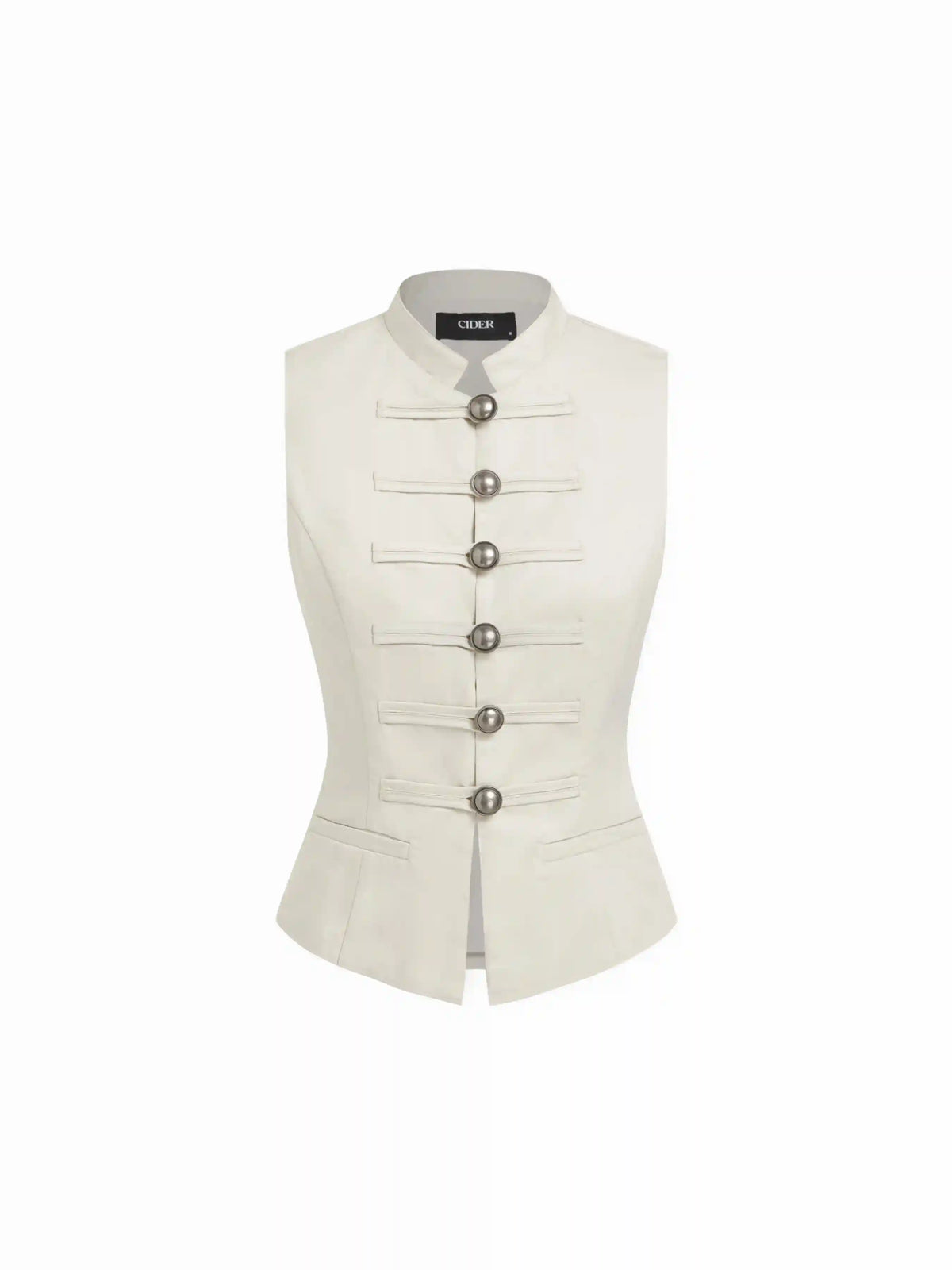 Cotton-blend Stand Collar Metal Button Detail Waistcoat