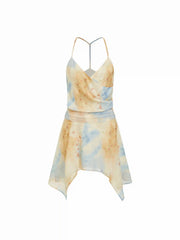 Chiffon Tie Dye V-neck Asymmetrical A-line Midi Dress