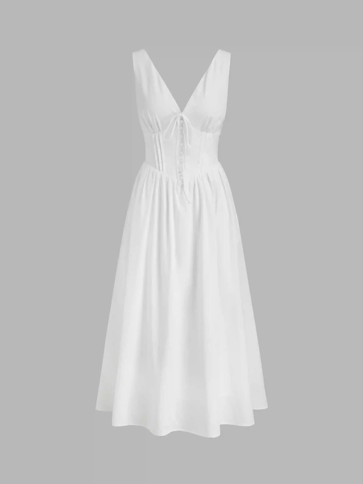100%Cotton V-neck Pleated Knotted Maxi Dress