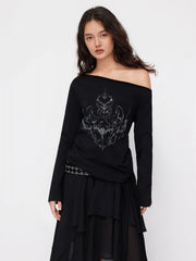 Cotton-blend Abstract Graphic Asymmetrical Neck Long Sleeve Tie Side Oversized Tee