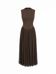 Textured High Neck Draped Straight Maxi Dress