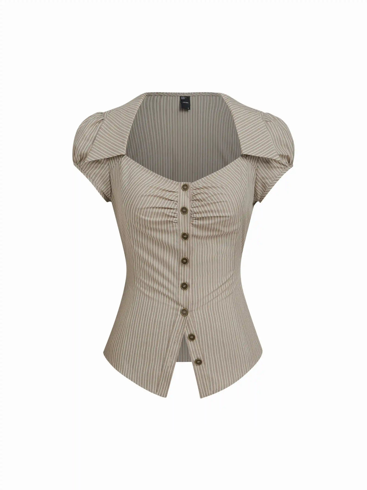 Cotton-blend Collar Stripe Belted Short Sleeve Blouse