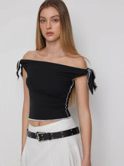Off-shoulder Colorblock Short Sleeve Tee