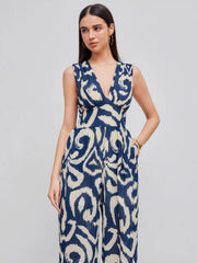Woven V-neck Abstract Sleeveless Wide Leg Jumpsuit