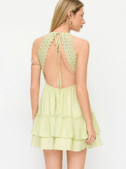 V-neck Halter Neckline Backless Guipure Lace Layered A-line Mini Dress
