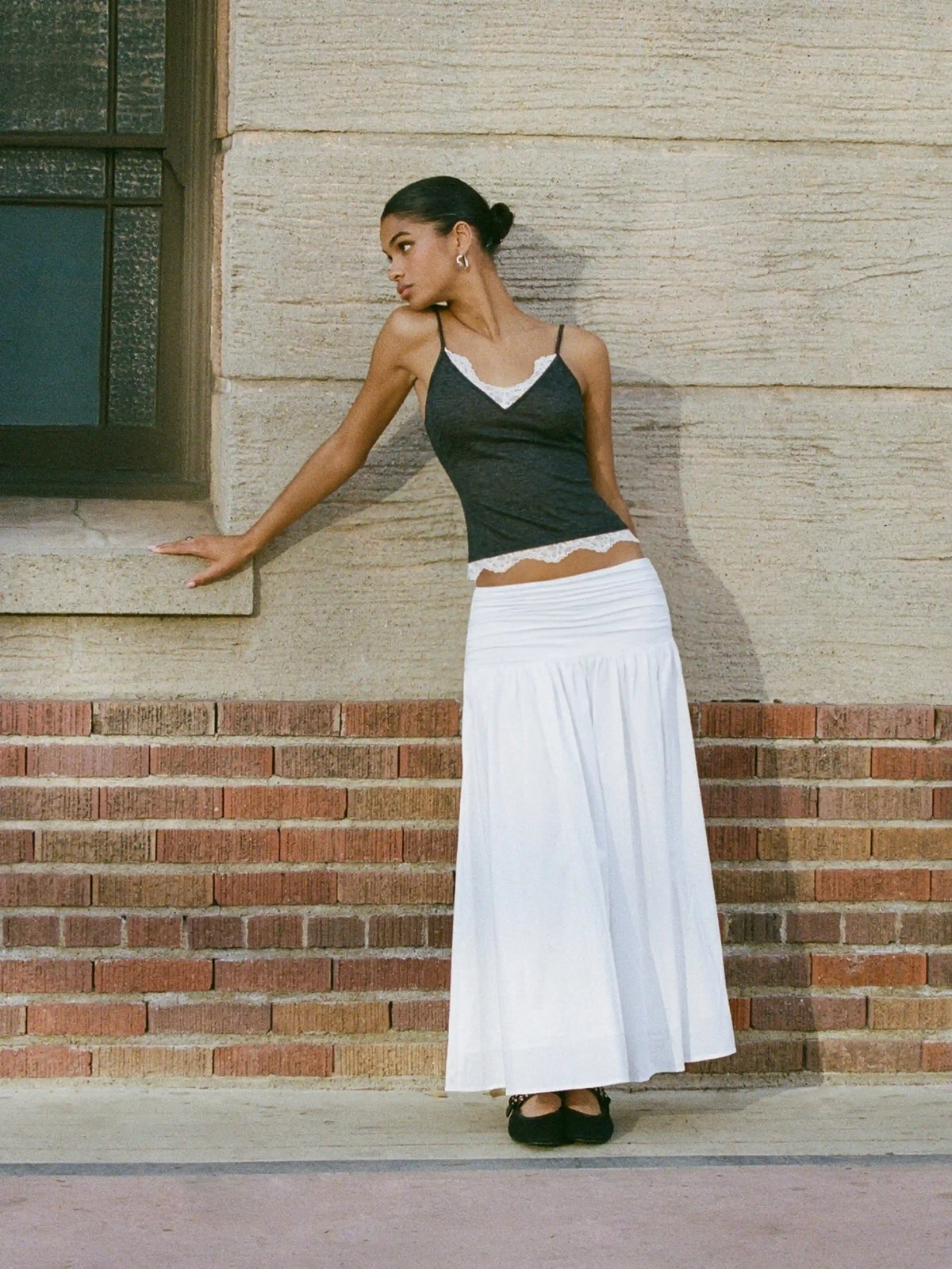 Cotton Mid Rise Ruched Drawstring Flared Maxi Skirt