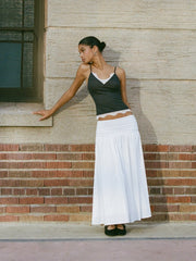 Cotton Mid Rise Ruched Drawstring Flared Maxi Skirt