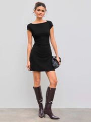 Cotton-blend Boat Neck Solid Ruched Mini Dress