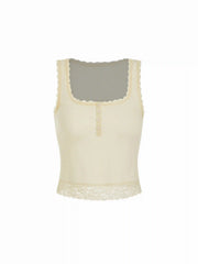 Cotton-blend Square Neck Lace Trim Tank Top