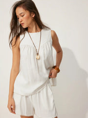 Boat Neck Ruched Sleeveless Top & Mid Rise Wide Leg Shorts Set