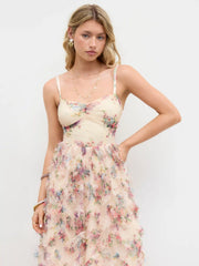 Mesh Square Neck Floral Lettuce Trim Ruffle Maxi Dress