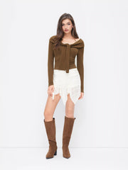 Cotton-blend Off-shoulder Long Sleeve Twist Top