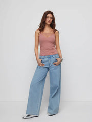 Textured Lace Panel Square Neck Ruched Cami Top