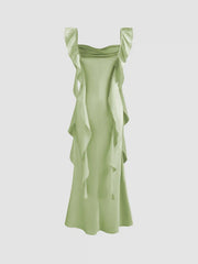 Satin Cowl Neck Solid Ruffle Hem Maxi Dress