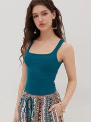 Square Neck Solid Crop Tank Top With Mid Rise Aztec Knotted Pocket Shorts