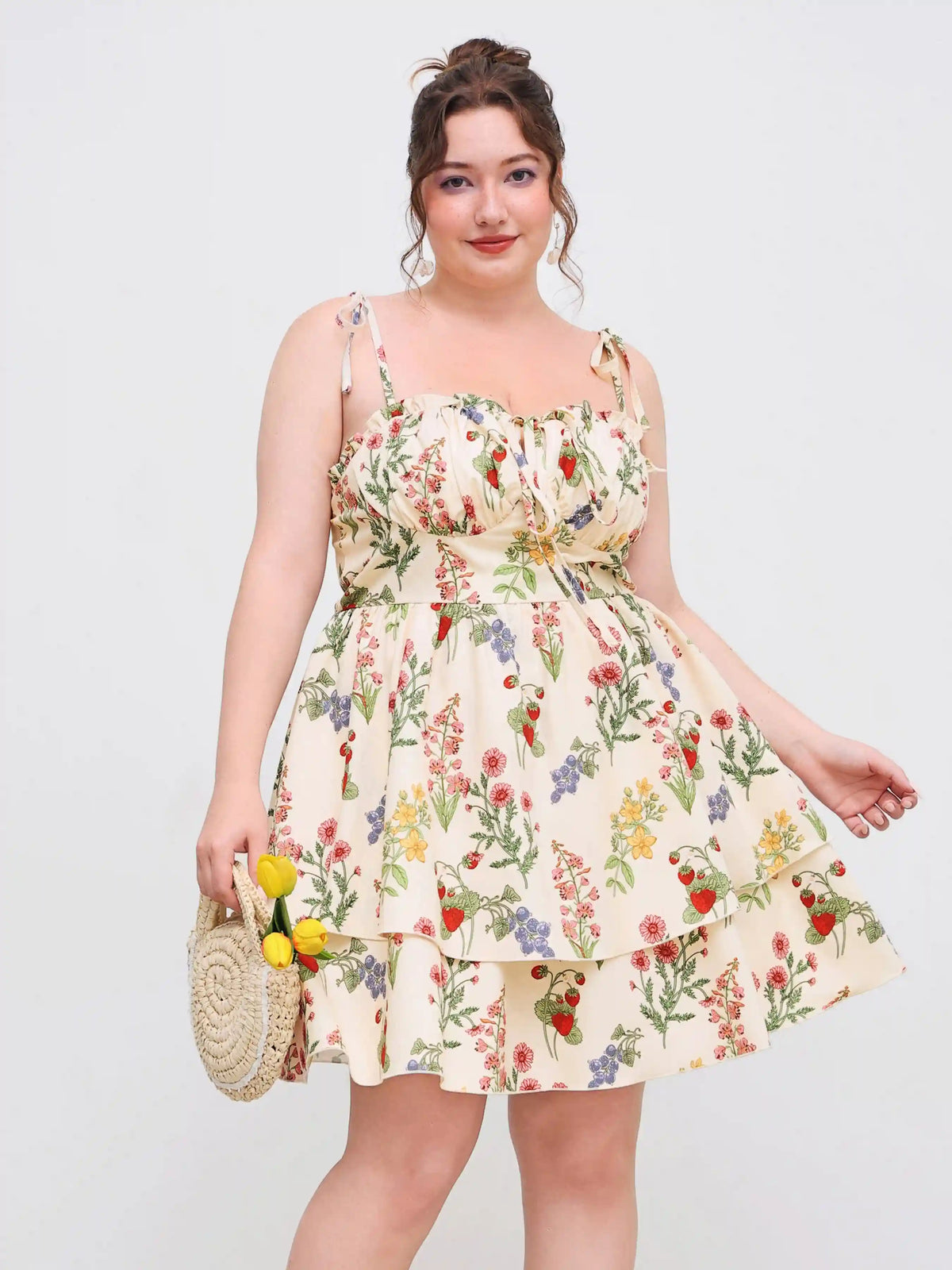 Woven Floral Ruffle Hem Knotted Layered Mini Dress Curve & Plus