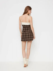 V-neck Plaid Patched Bowknot Cami Mini Dress