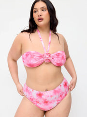 Floral Halter Neck Bandeau Top & Mid Rise Bikini Bottom With Wrap Skirt Three-piece Bikini Set Curve & Plus