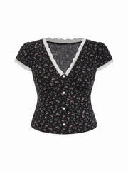 Ditsy Floral V-Neck Contrasting Lace Puff Sleeve Top Curve & Plus