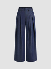 Denim Mid Rise Pleated Wide Leg Jeans