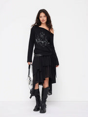 Cotton-blend Abstract Graphic Asymmetrical Neck Long Sleeve Tie Side Oversized Tee