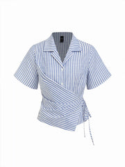 Cotton-blend Stripe Wrap Short Sleeve Blouse