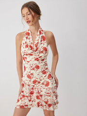 Chiffon Floral Halter Neck Tiered Mini Dress