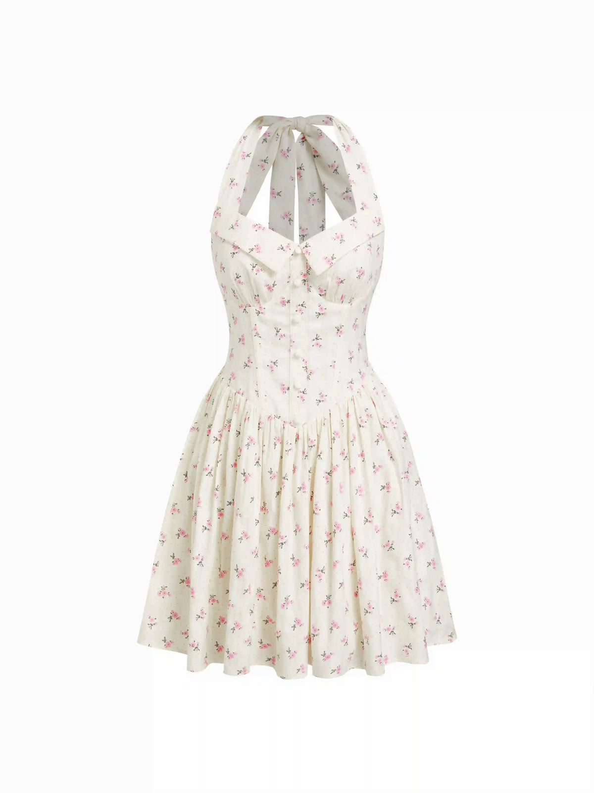 Ditsy Floral Halter Neckline Ruffled A-line Mini Dress