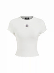 Cotton-blend Bear Graphic Round Neck Lettuce Trim Tee