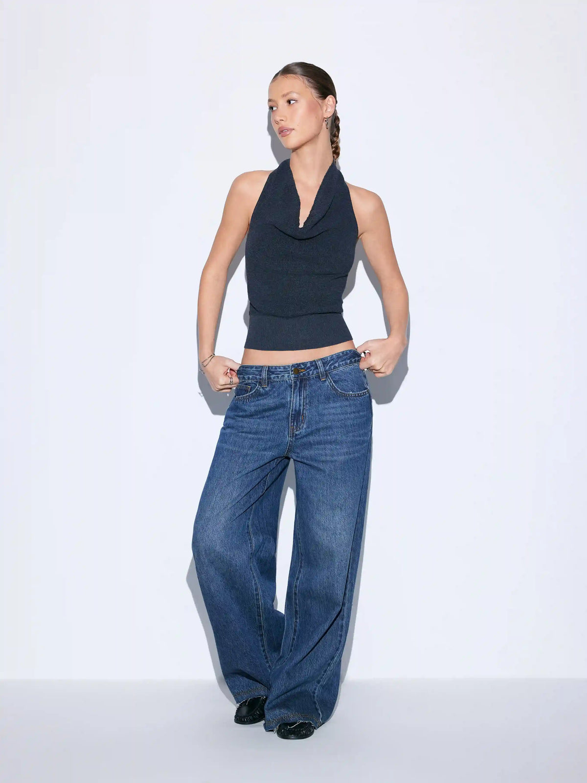 Washed Denim Mid Rise Straight Leg Jeans