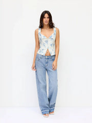 Linen-blend Floral V-neck Split Tie Back Tank Top