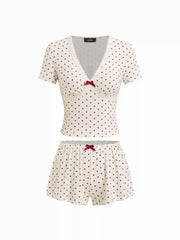 Viscose-blend Polka Dot V-Neck Ruched Crop Top & Elastic Waist Shorts Set