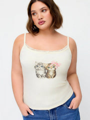 Pointelle Cat Graphic U-neckline Lace Trim Bowknot Cami Top Curve & Plus