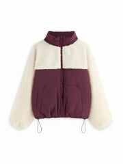 Fleece Stand Collar Colorblock Faux Fur Trim Oversized Jacket