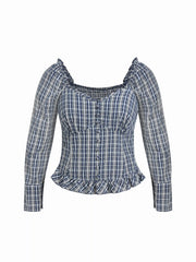 Cotton-blend Sweetheart Neckline Plaid Blouse Curve & Plus