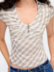U-neckline Tartan Short Sleeve Top