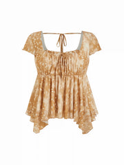 Mesh Square Neck Polka Dot Drawstring Hanky Hem Top Curve & Plus
