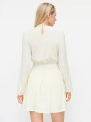 Velvet High Neck Lantern Long Sleeve Contrasting Lace Cinched Waist Mini Dress