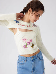 Wool-blend Round Neckline Floral Butterfly Knitted Crop Long Sleeve Top