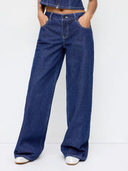 Denim High Rise Metal Detail Wide Leg Jeans
