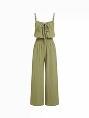 Cotton Scoop Neck Shirred Bowknot Mid Rise Wide Leg Jumpsuit