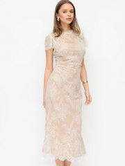 Lace Mandarin Neck Mermaid Midi Dress