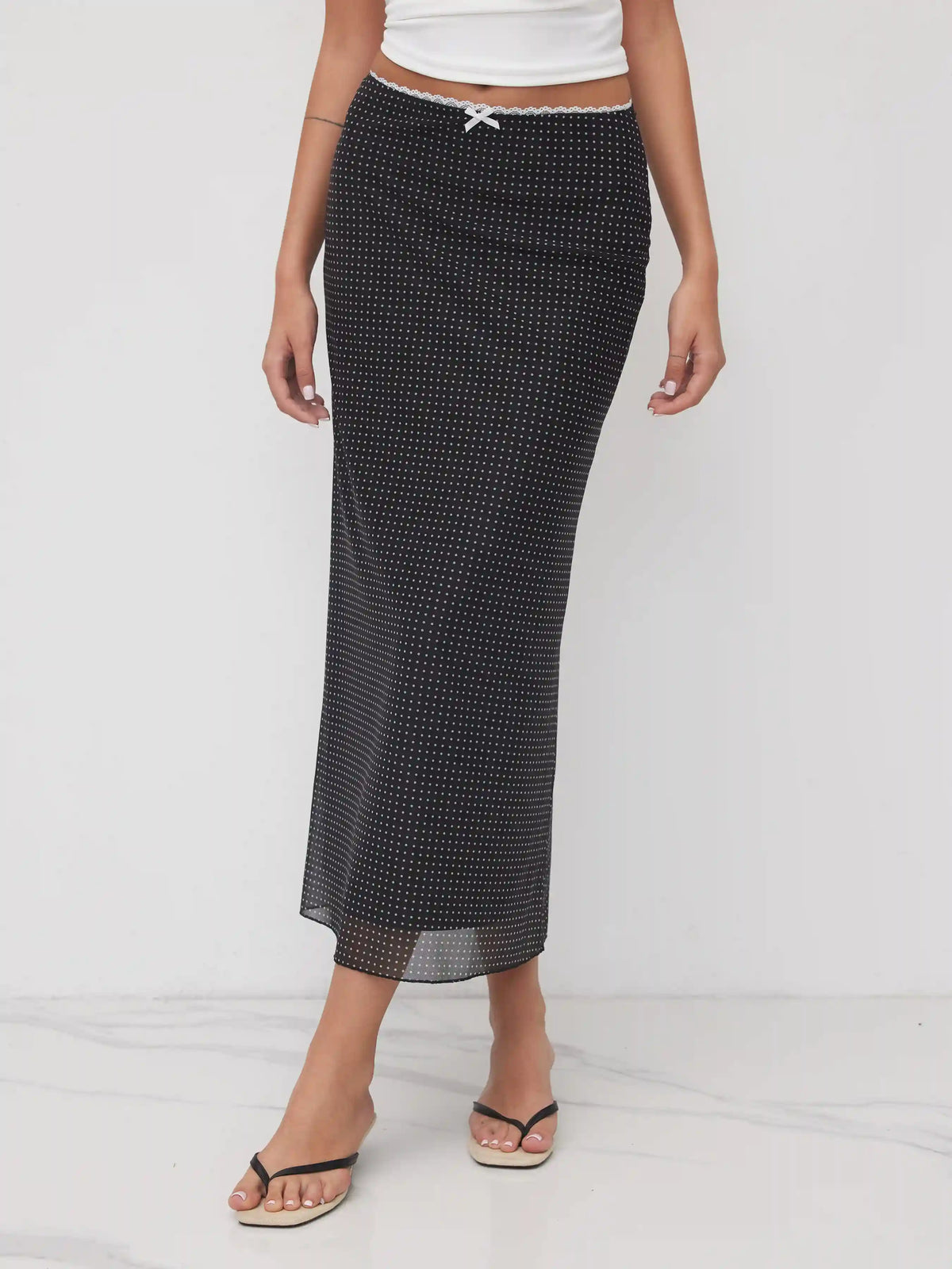 Mesh Mid Rise Bowknot Polka Dot Maxi Skirt