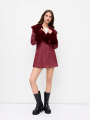 Faux Leather Double Breasted Jacket With Faux Fur Trim