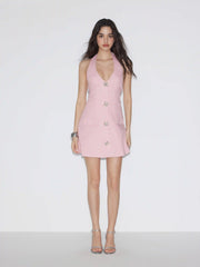 Halter Neck Rhinestone Button A-line Mini Dress