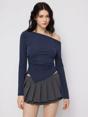 Cotton-blend Asymmetrical Neckline Bell Sleeve Ruched Top