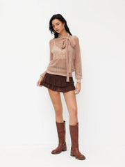 Knit High Neck Hollow Out Knotted Long Sleeve Top