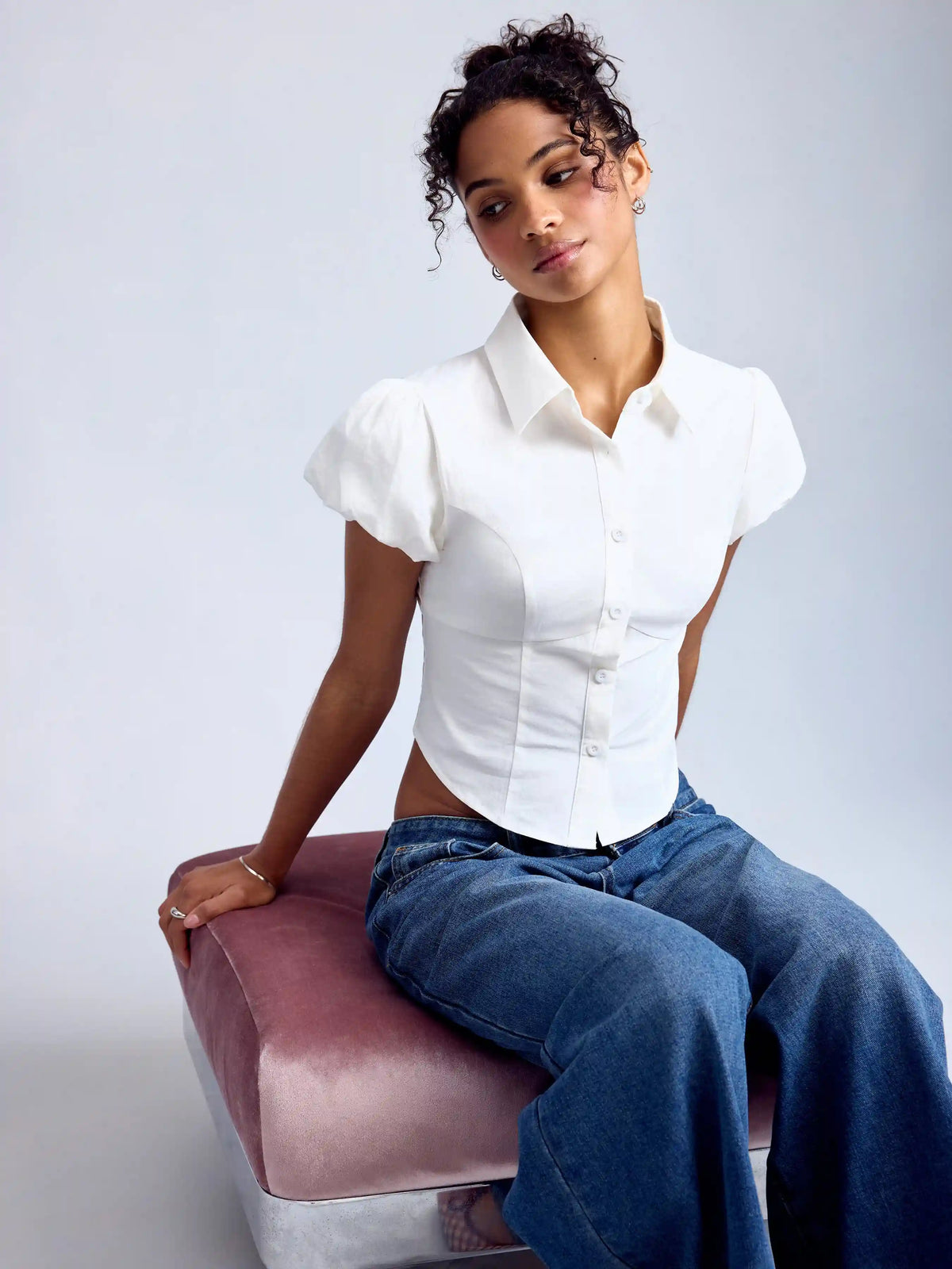 Stretch Cotton-blend Puff Sleeve Crop Blouse